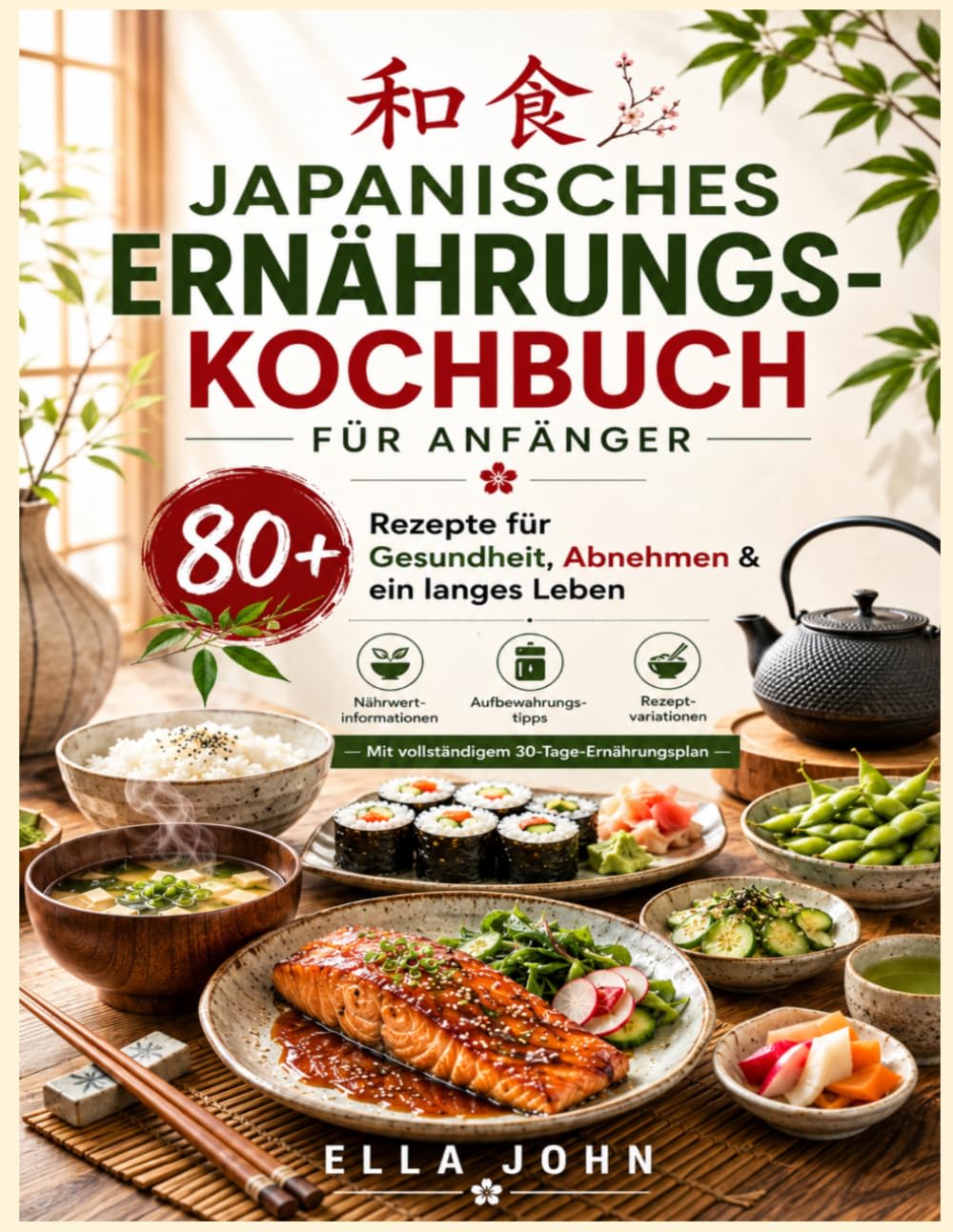JAPANISCHES ERNÄHRUNGS-KOCHBUCH FÜR ANFÄNGER: 80+ Rezepte für Gesundheit, Abnehmen & ein langes Leben Mit Nährwertinformationen, Aufbewahrungstipps & ... — Mit vollständigem 30-Tage-Ernährungsplan —