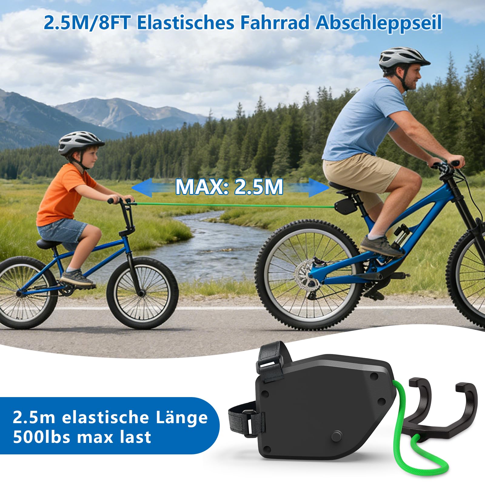 FIVAVA Cavo di Traino per Bici per Bambini 2.5M, Estraibile, 500 libbre, MTB