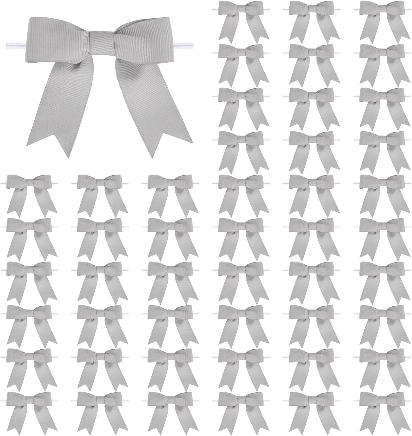 Meseey 50 Pcs 3 Inches Grosgrain Ribbon Twist Tie Bows Light Silver Pretied Premade Craft Bows for Treat Bags Gift Wrapping Basket Wedding Baby Shower Brithday Christmas Party (Light Silver)