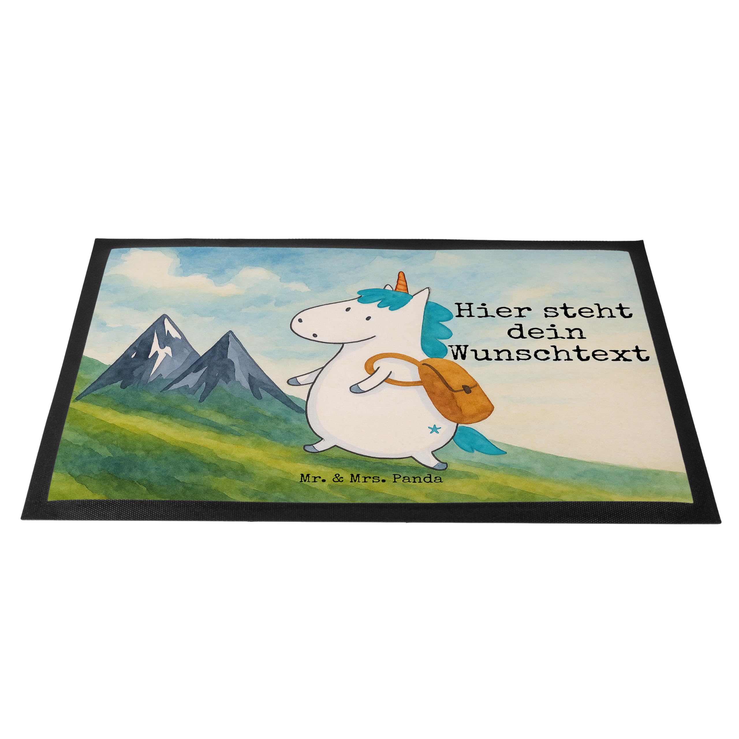 Mr. & Mrs. Panda Fussmatte personalisiert Einhorn Bergsteiger Design 40 x 60 cm - Geschenk, Personalisierter Fußabtreter, Fußmatte personalisierbar, Urlaub, Berge, Personalisierte, Unicorn, Einhörner