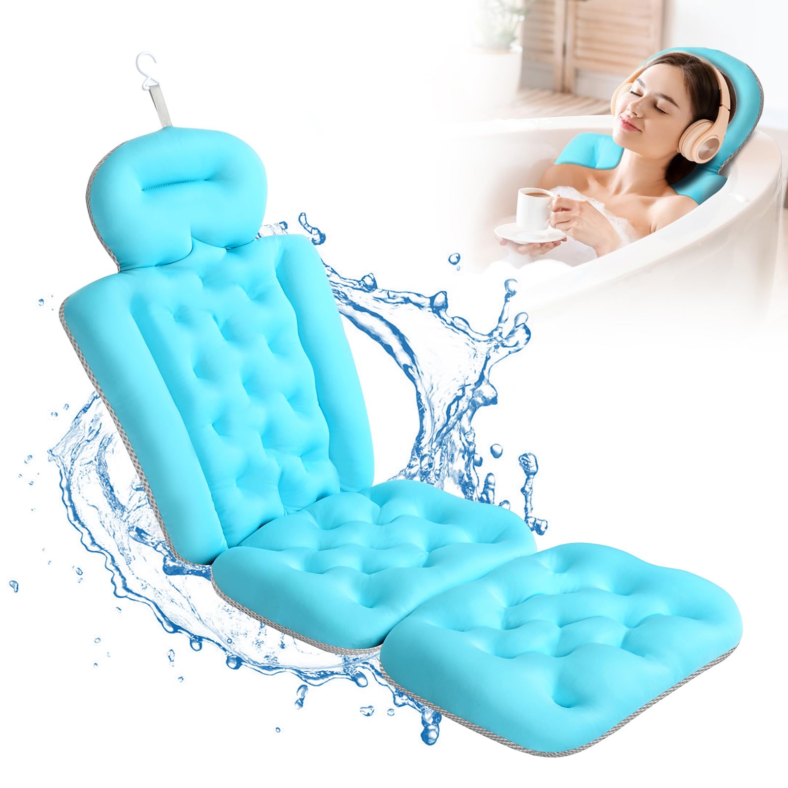 Full Body Bath Pillow, Thick Bathtub Cushion with Laundry Bag, Luxury Cushion for Bathtub Headrest Neck Shoulder Support Comfort Relaxation Spa Accessories (Ocean Blue)