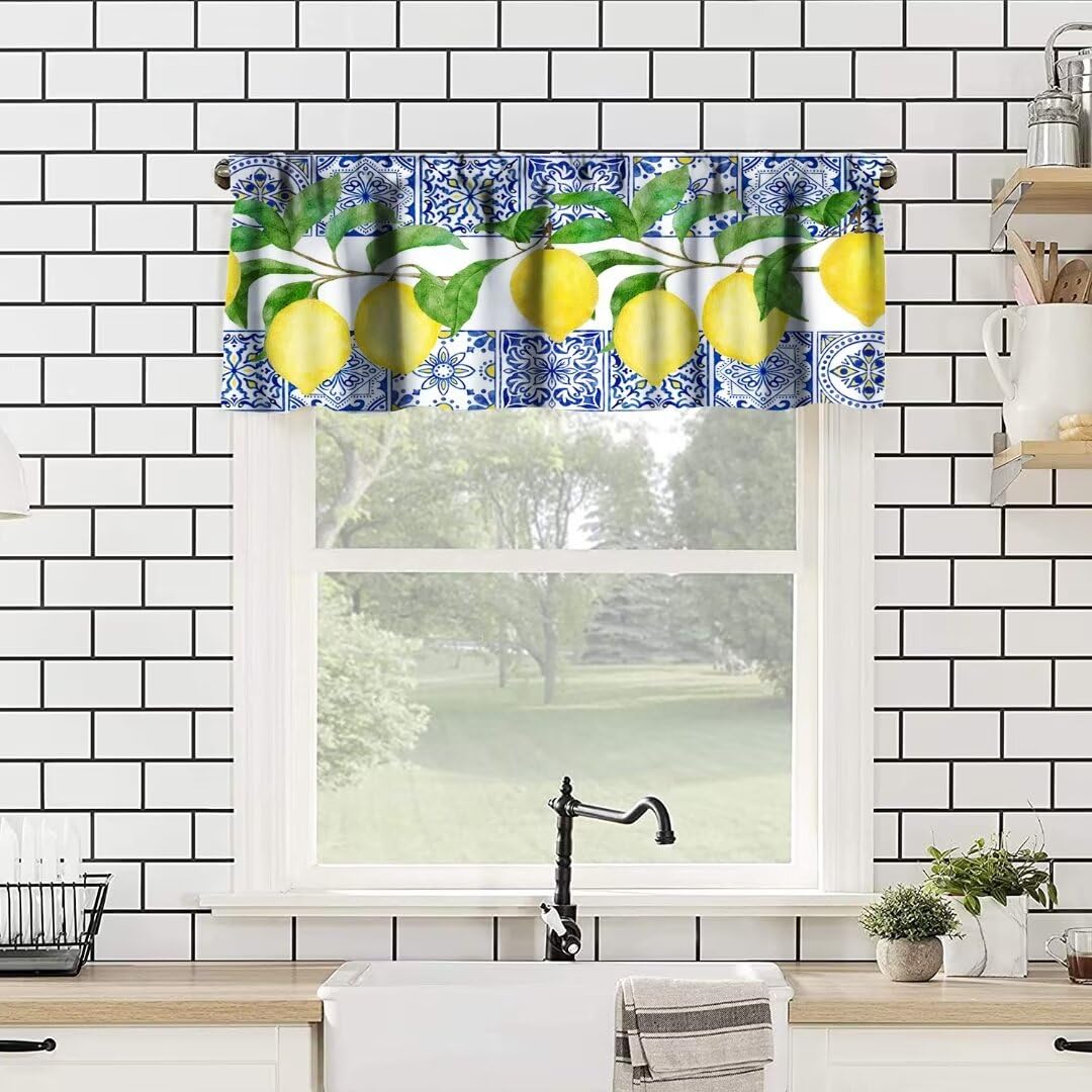 JanJCurt Yellow Lemon Valance, Blue Tiles Summer Holiday Tasty Fruit Healthy Fruit Vintage Rustic Cafe Short Window Valance for Kitchen Bedroom Decor, 54x18in