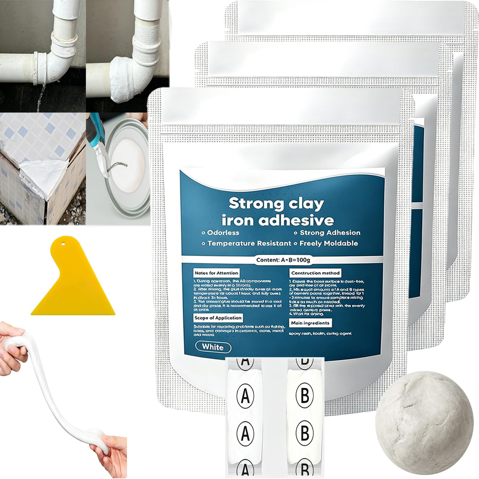 Steel Reinforced Epoxy Repair Putty, Strong Clay Iron Adhesive, Fast Repair Pool Putty, Plumbers Putty for Metal Wood Ceramic Tile Pool Leak Cracks Holes Home DIY (3pcs)