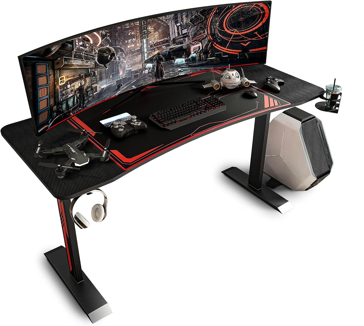 Sleepmax 55 Inch Gaming Desk, Heavy-Duty Gaming Computer Table with Carbon Fiber Surface & Large Mouse Pad, Black PC Desk Gamer Setup with Cup Holder, Headphone Hook & Adapter Organizer
