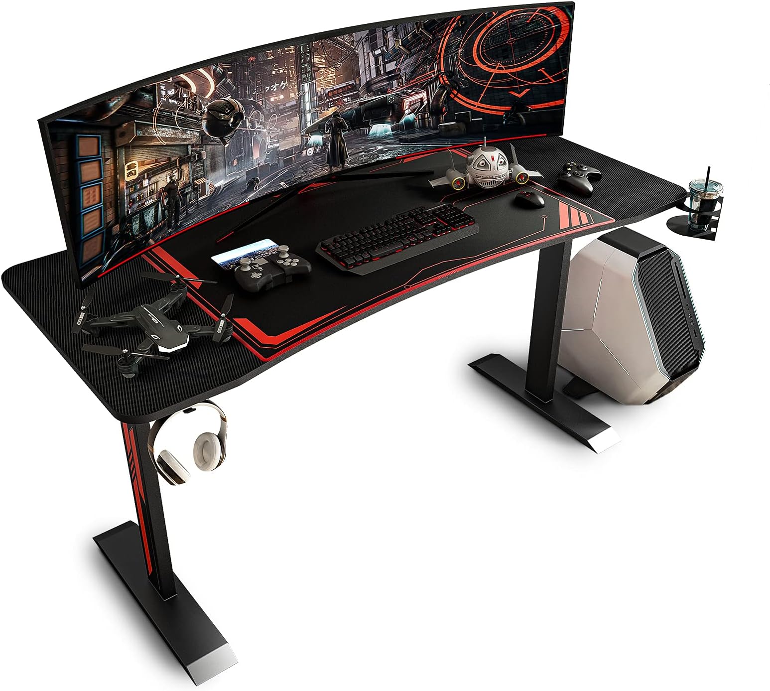 Sleepmax 63 Inch Gaming Desk, Heavy-Duty Gaming Computer Table with Carbon Fiber Surface & Large Mouse Pad, Black PC Desk Gamer Setup with Cup Holder, Headphone Hook