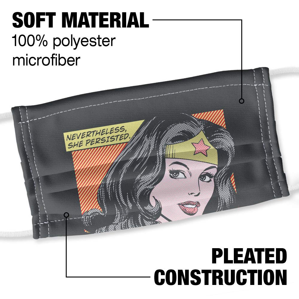Wonder Woman She Persisted 1-Ply Reusable Face Mask Covering with Adjustable Nose Wire, Unisex