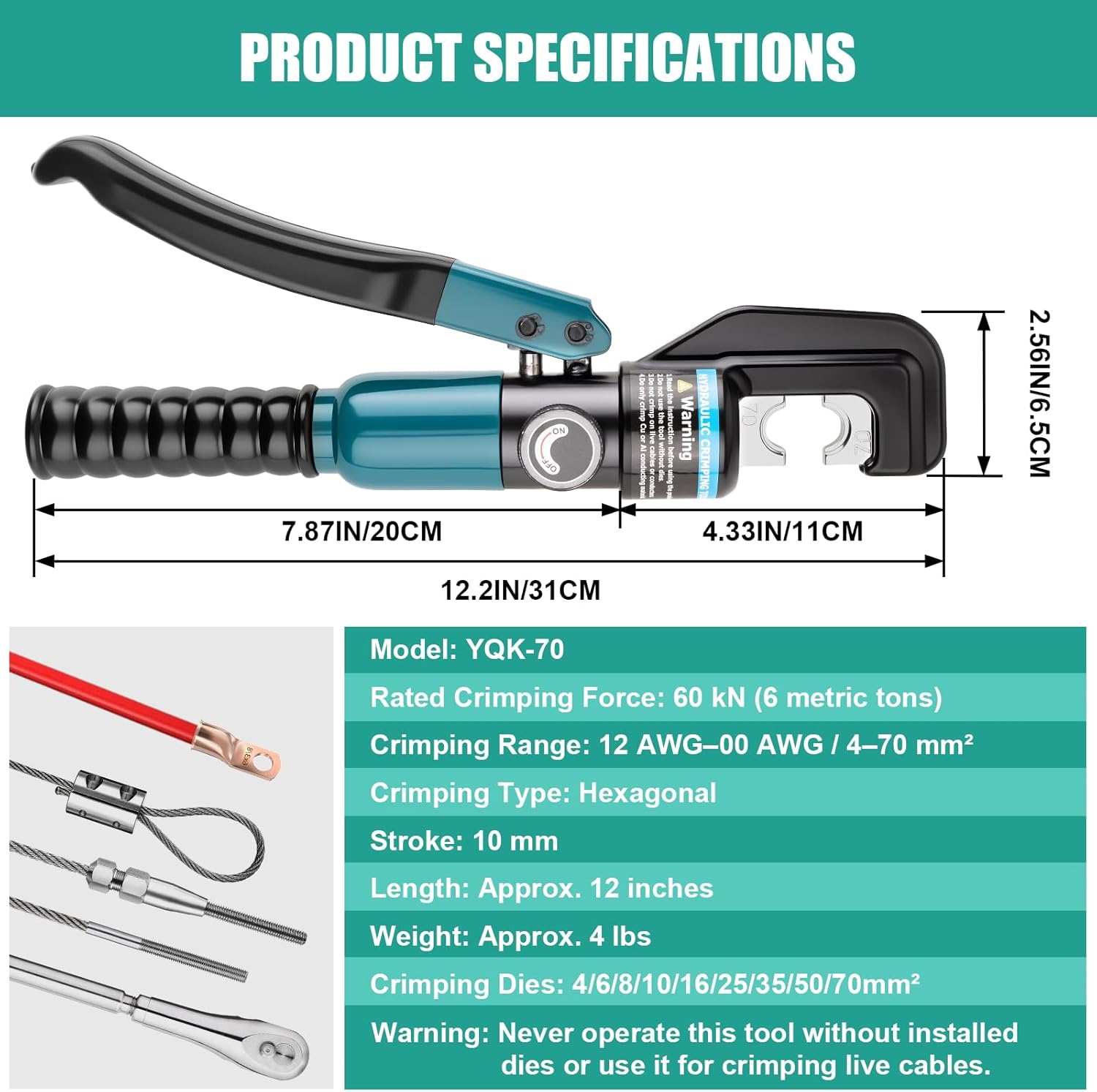 6-Ton Hydraulic Crimping Tool with 9 Pairs of Dies, 12 AWG to 2/0 Battery Cable Lug Terminal & Wire Rope Crimper