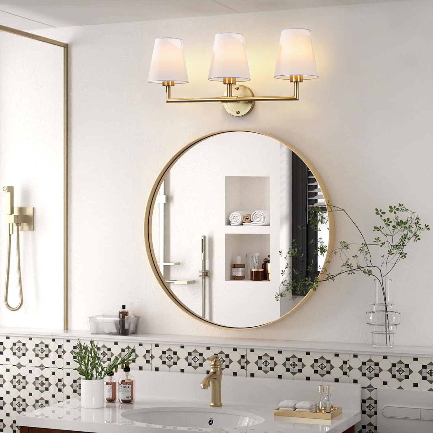 Bathroom Light Fixtures, 3-Light Brushed Gold Vanity Lights with White Fabric Shade, 24.4'' Barthroom Lighting Fixtures Over Mirror, Modern Wall Sconces for Bedroom Living Room Hallway
