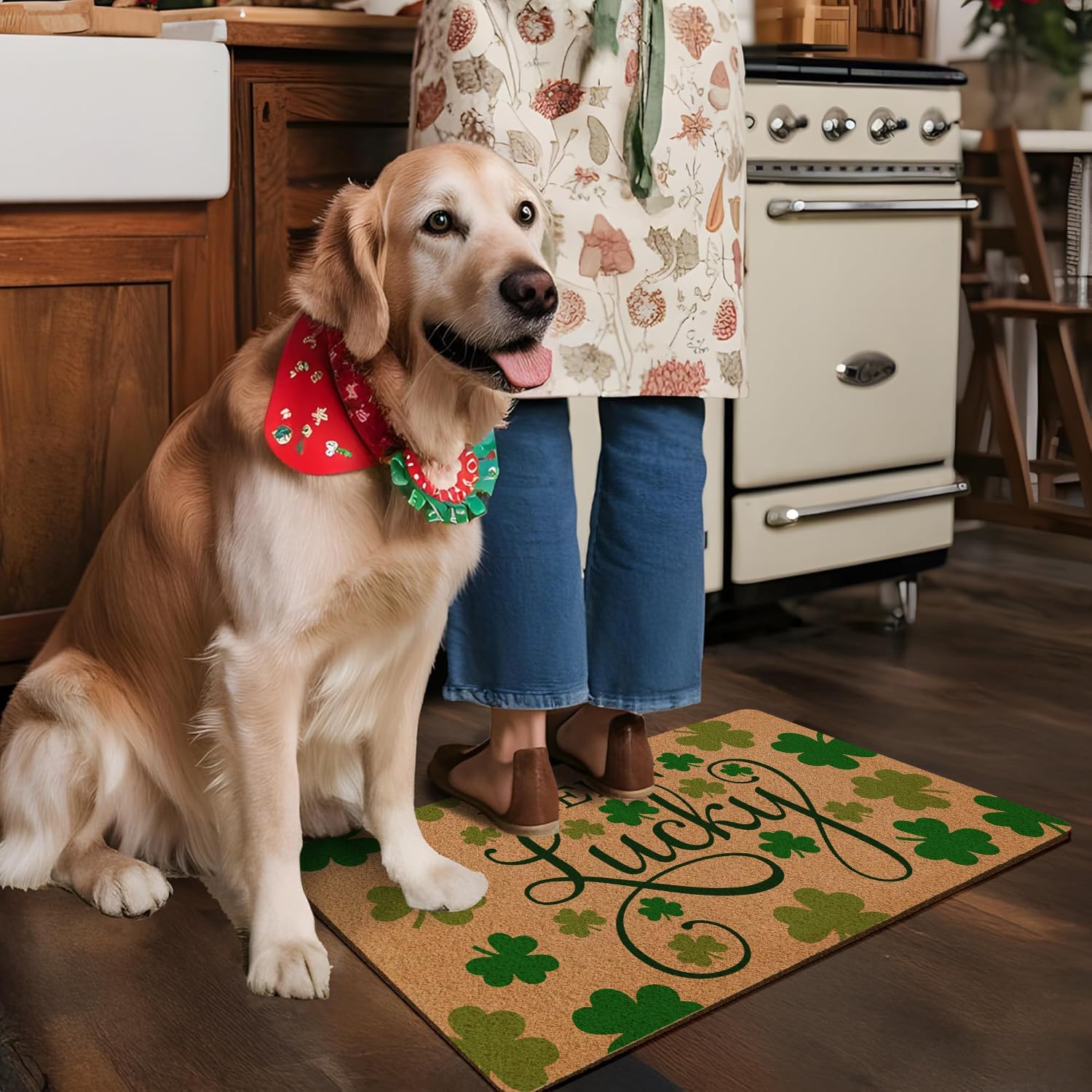 St. Patrick's Day Natural Coir Door Mat, Lucky Green Shamrock Welcome Outside Indoor Entrance Non Slip Doormat, Cute Artificial Coir Porch Back Door Home Decor,17X30in
