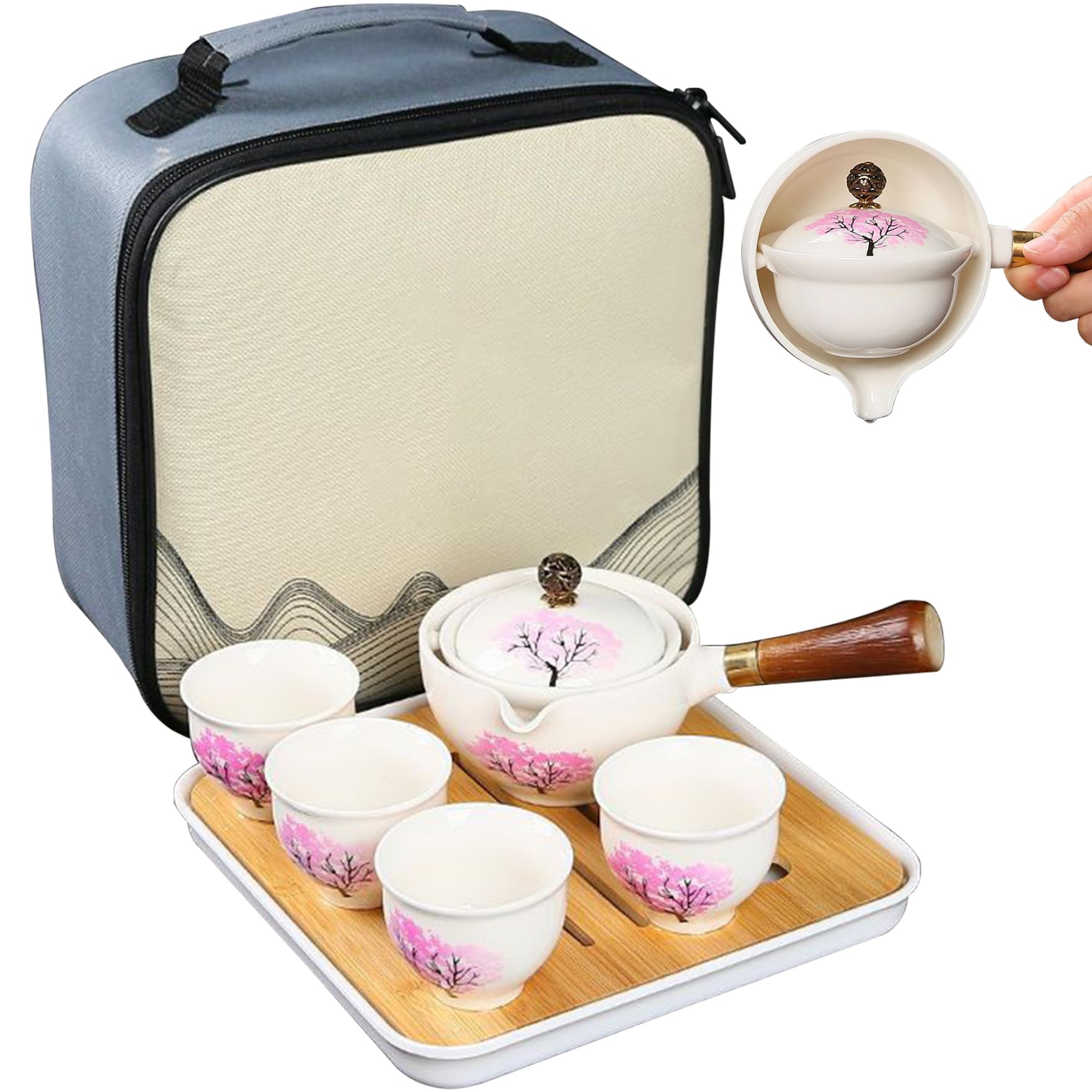 Teekannen-Set Chinesisches Tee-Set Porzellan-Tee-Set Japanische Teekanne Porzellan Japanisches Tee-Set Mit 360-Grad-Drehung Teebereiter Und Teesieb Tragbares Reise-Tee-Set Mit Anti-Verbrühungs-Griff F