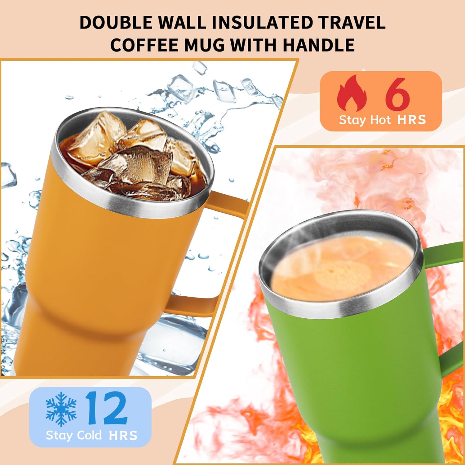 20oz Insulated Tumbler with Handle Stainless Steel Travel Coffee Mug with Lid and Straw Double Wall Vacuum Leak-proof Reusable Thermal Water Cup for Hot and Cold Drinks (Multicolor-9,6 Pack)