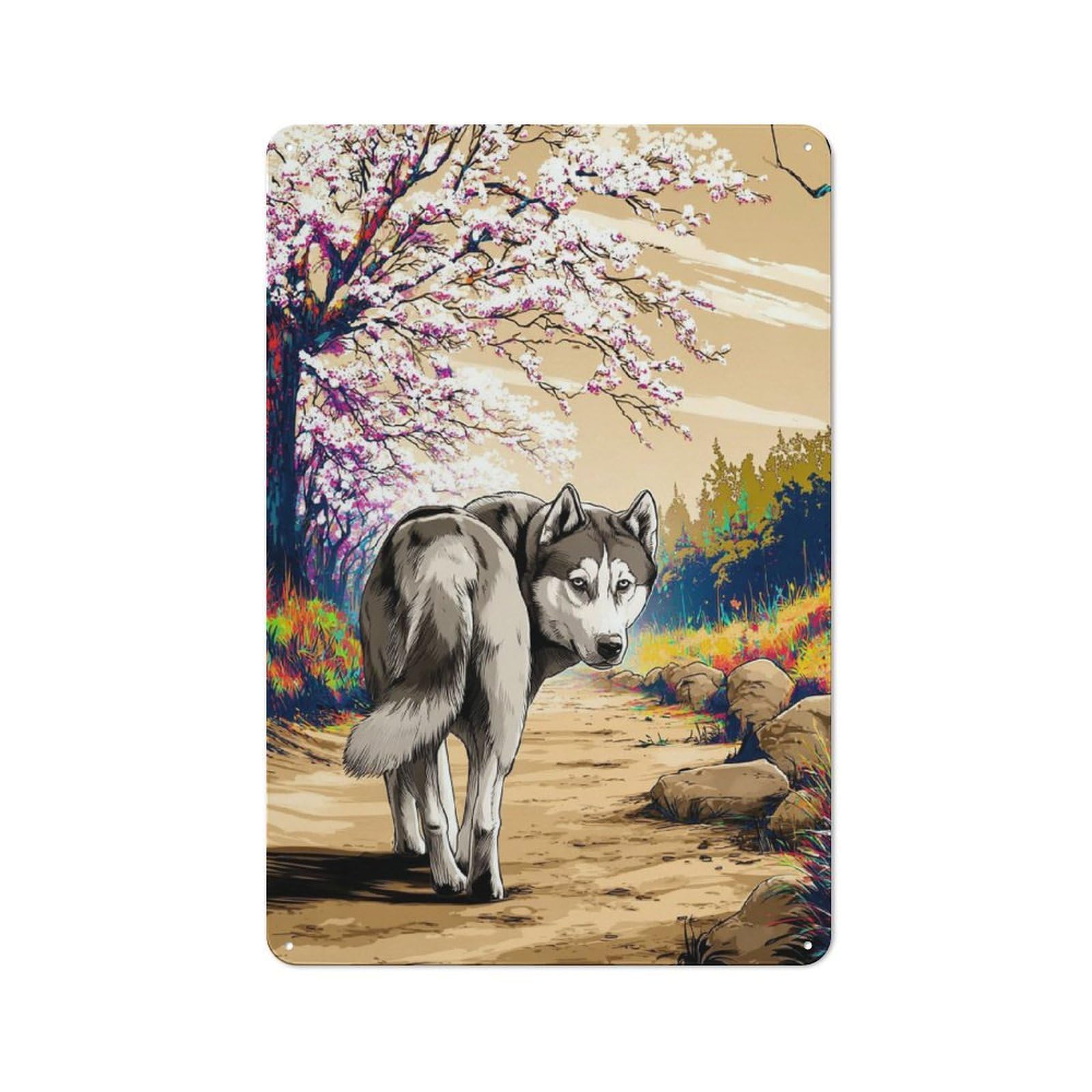 Junmoney Siberian Husky In Blossom Pathway 30X20cm Rustic Tin Sign With For Living Room Or Hallway, For Vintage Wall Decor Fans, For Themed Room Decoration