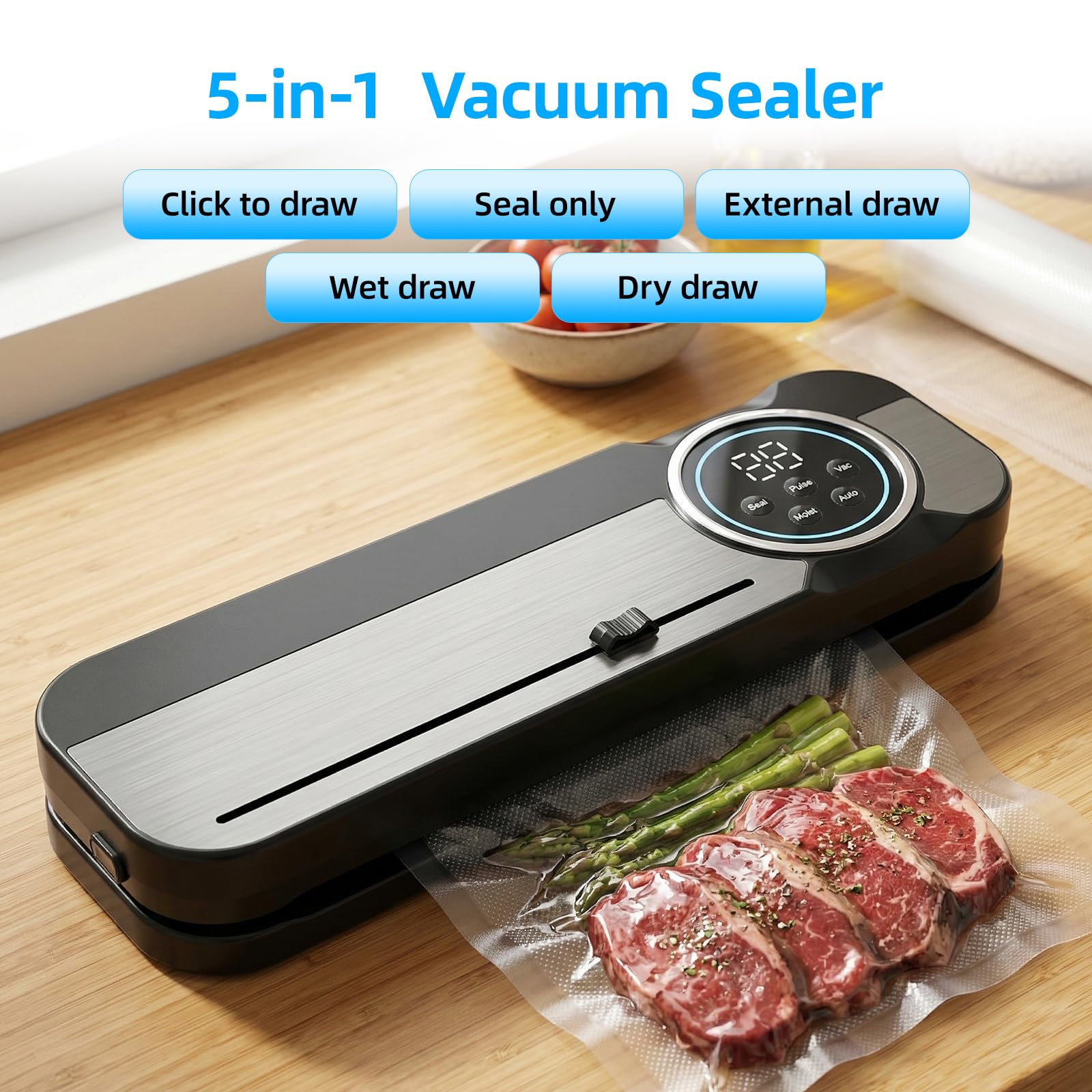 Carehabi Macchina Sottovuoto Alimenti, Sigillatrice 5-in-1 con Barra Saldante Extra Larga 6mm, Luce UV e Taglierina, 120W Professionale per Cibi Secchi e Umidi, Acciaio Inox, Include 10 Sacchet