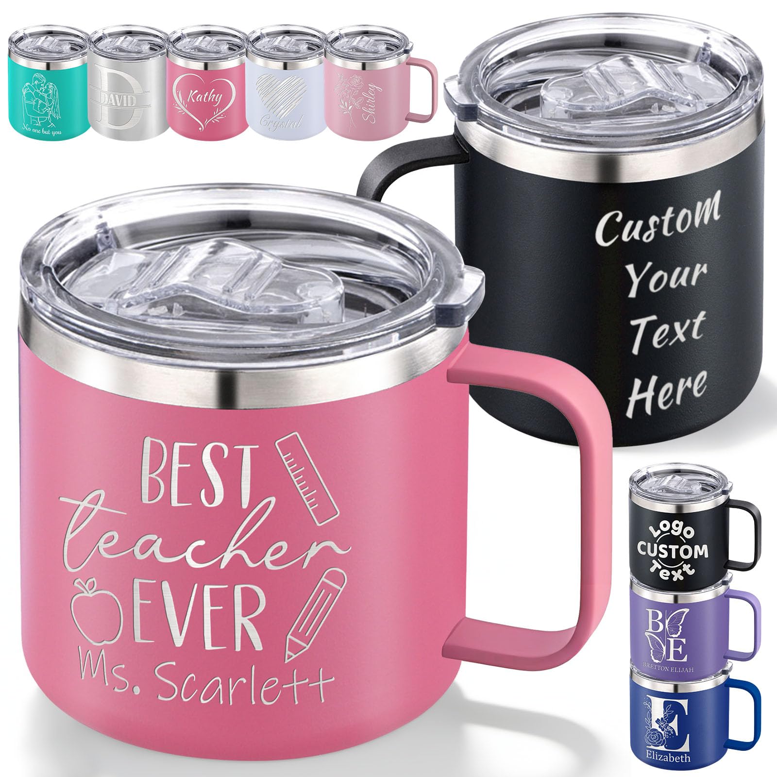 Personalised Insulated Coffee Mug with Name Engraved for Teacher, Custom Stainless Steel Travel Tumbler with Lid Handle Spill Leak Proof Double Wall Thermal Cup Customised Women Men Gift(12oz/14oz)