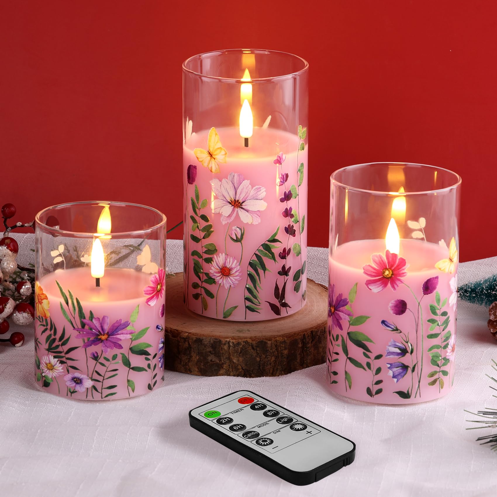 EywamagePink Floral Glass Flameless Candles with Remote, Flickering Battery Operated LED Pillar Candles Set of 3
