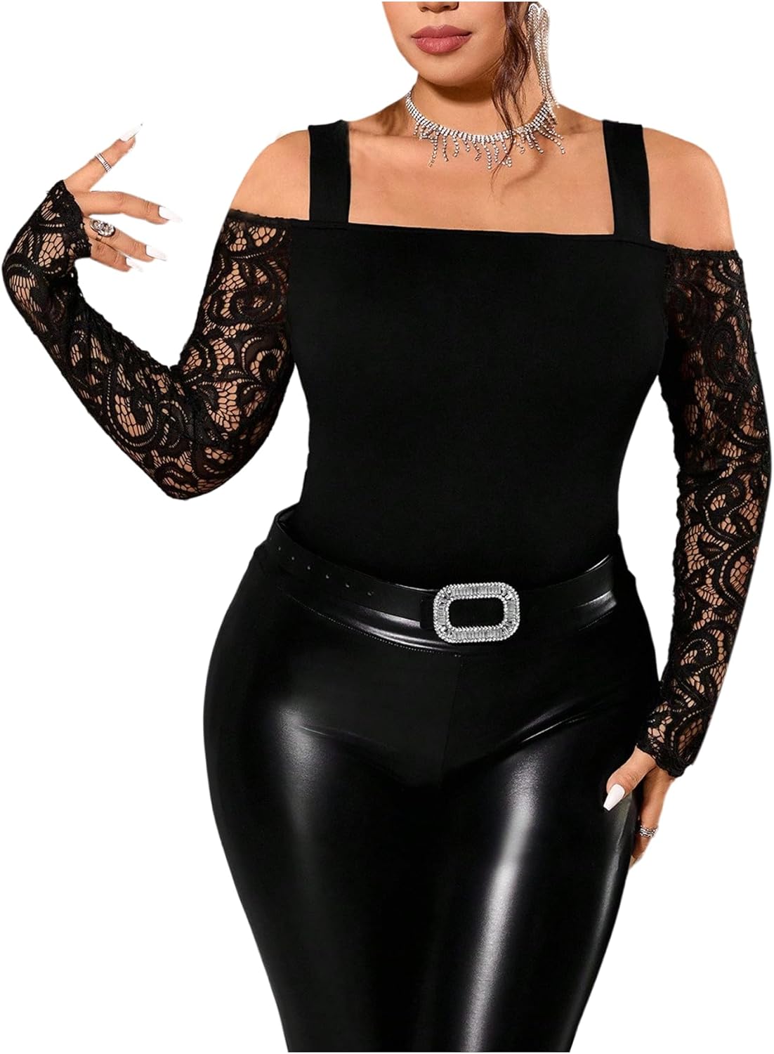 SHENHE Women's Plus Size Cold Shoulder Lace Long Sleeve Top Slim Dressy Going Out Party Shirt