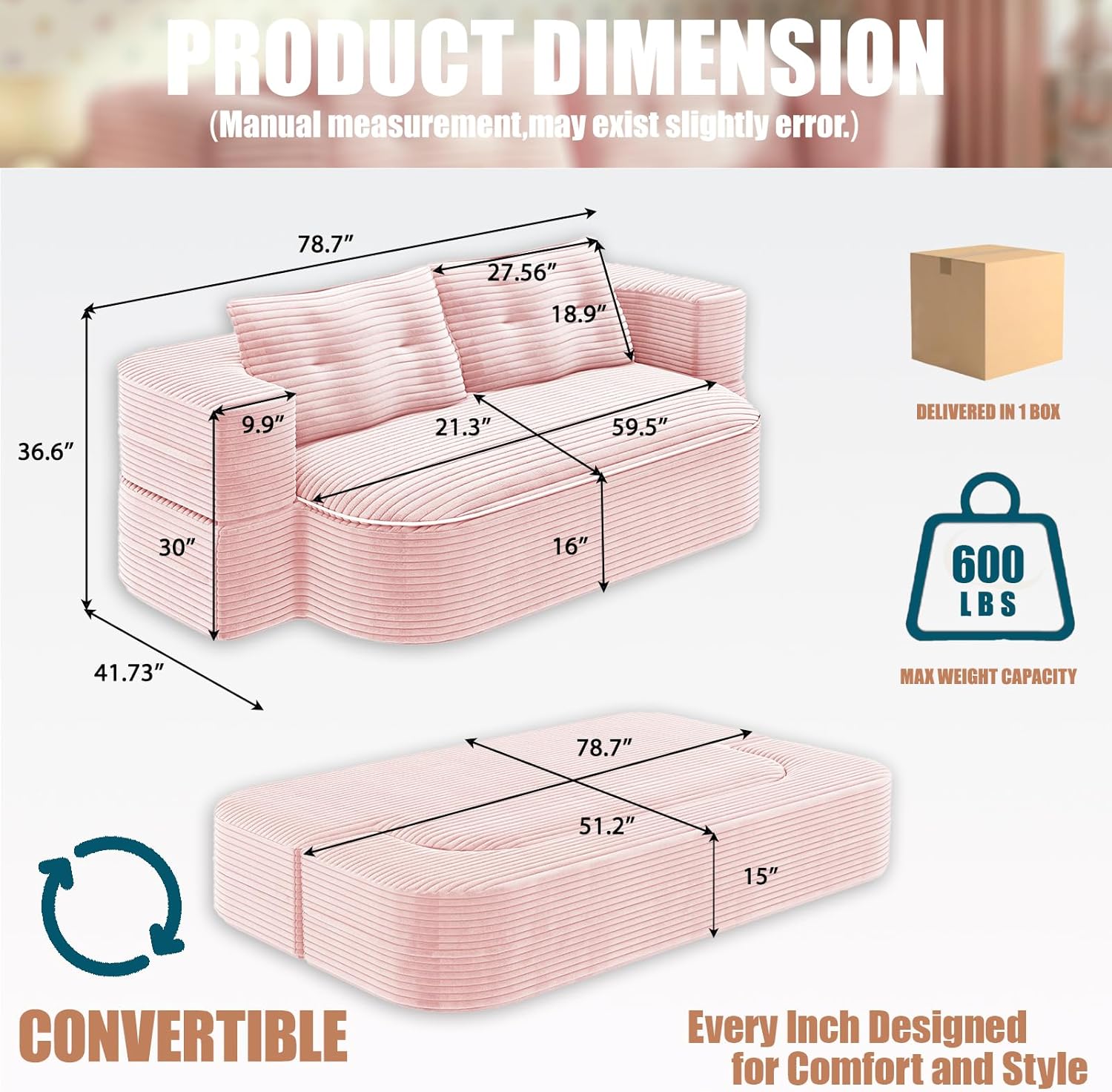 78.7-inch Folding futon Sofa Bed,Convertible Sleeper Couch Bed,Comfy Memory Sponge Double Sofa Mattress for Living Room(Pink+Blanket)