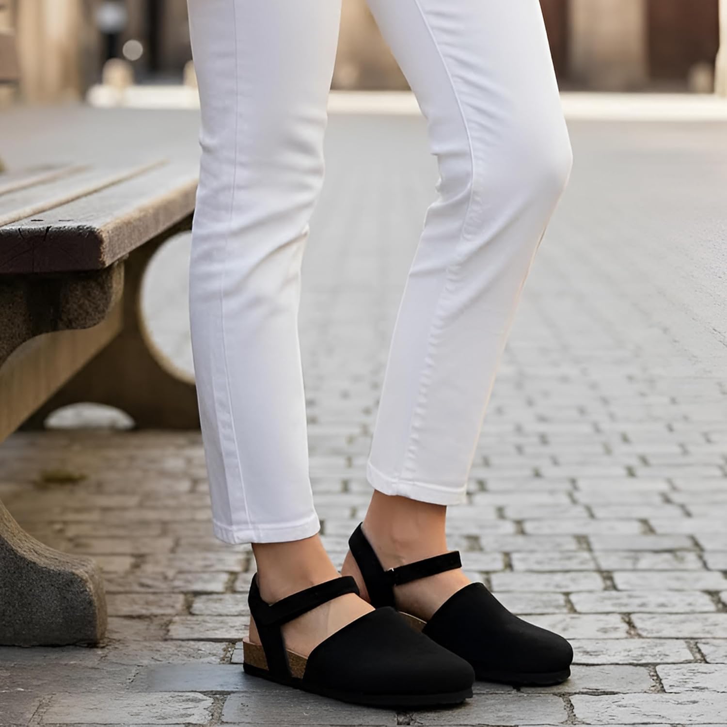 Ecetana Womens Sandals Closed Toe Shoes Dressy Summer Cork Footbed Comfortable Arch Support Flats Sandals for Women - Image 3