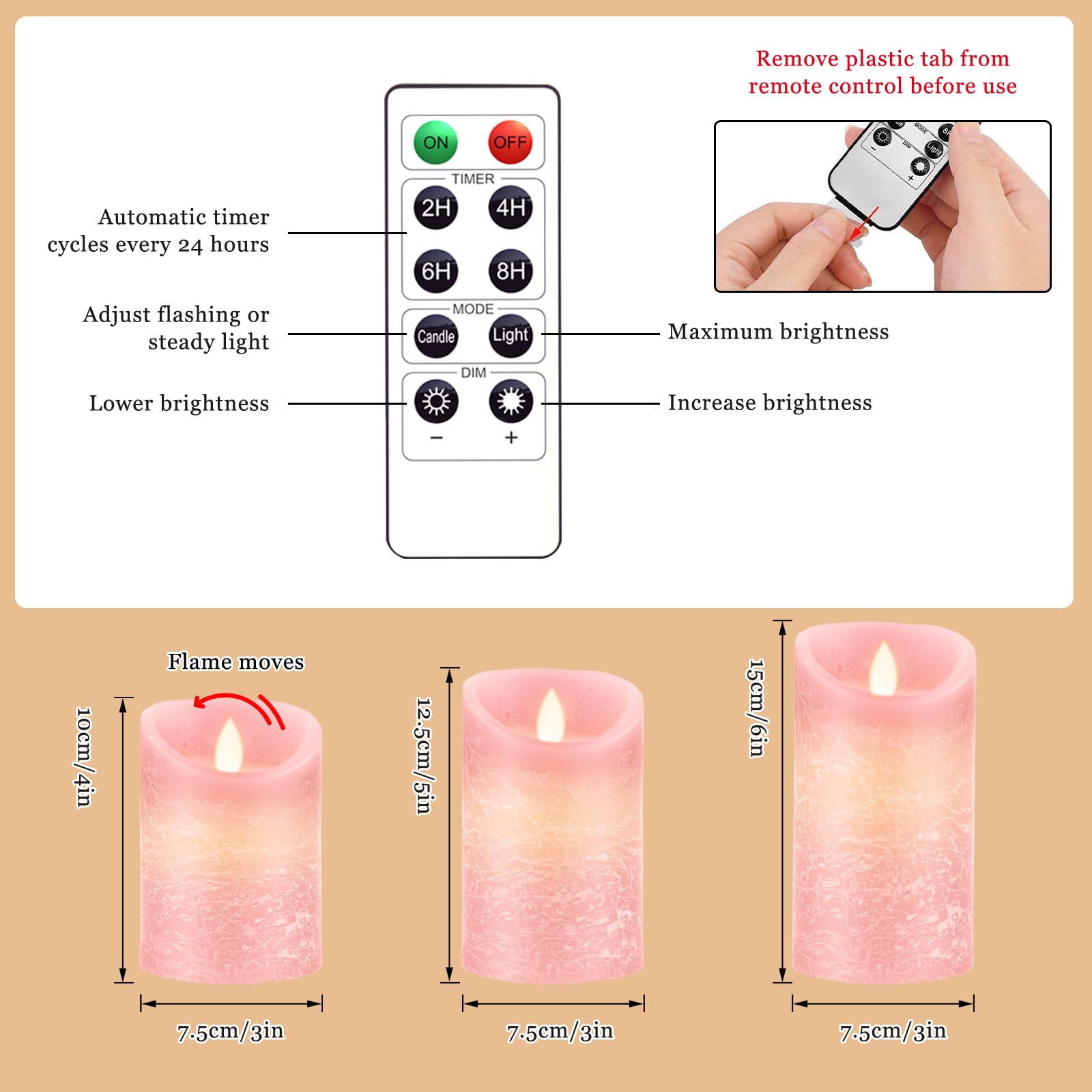 Candele Led Con Telecomando Mavandes - 3 Pezzi A Batteria Con Timer, Effetto Cera, Altezze 7.5-15 Cm, Rosa