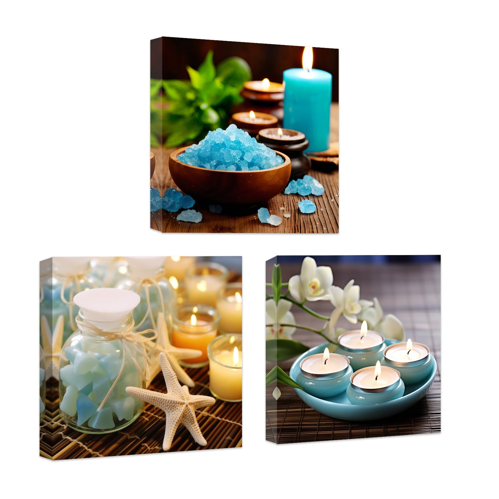 CCWACPP Zen Canvas Wall Art 3 Piece Blue Aromatherapy Candles Floral Picture Print Bathroom Beauty Spa Treatment Meditation Room Wall Decor Framed (60x60cmx3) โ image 1