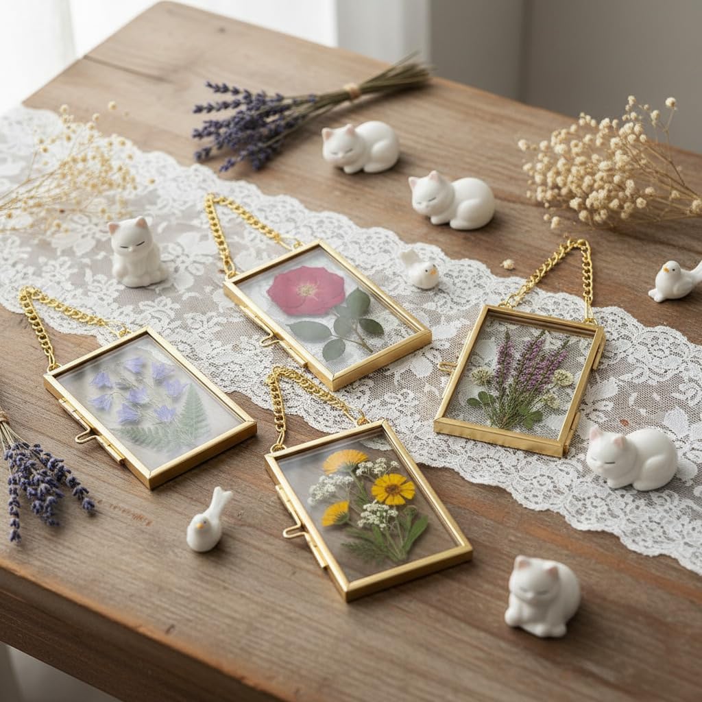 20 PCS Pressed Flower Frames with Tweezers,Wall Hanging Double Glass Frames 2.5x3.5 with Metal Chain for Dried Plants,Floating Photo Frame for Gallery Artwork, Horizontal Vertical,Gold