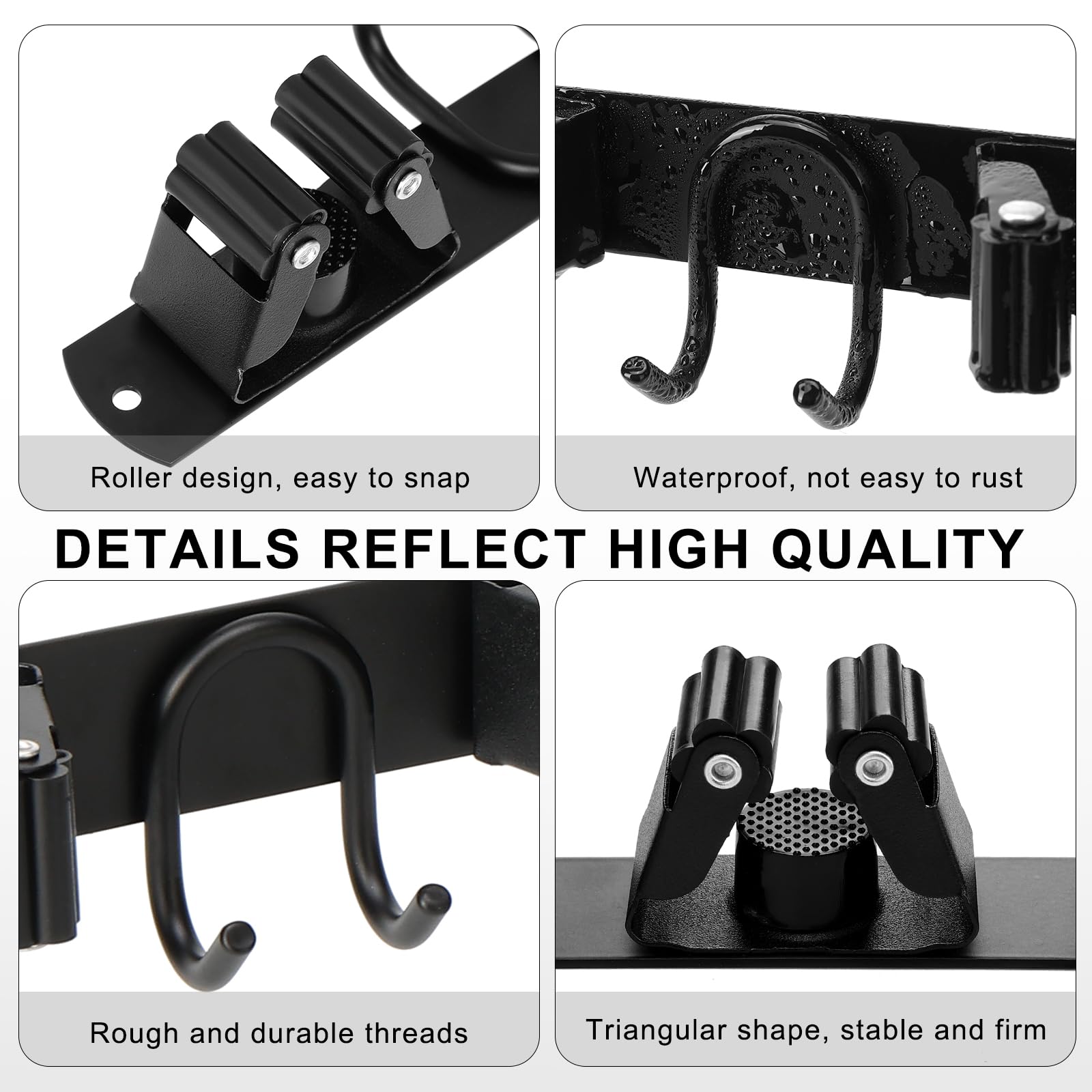 Soporte de pared para escoba de fregona, organizador de almacenamiento de herramientas de acero inoxidable negro para cocina, jardín, garaje, cuarto de servicio, baño y RV con 4 ranuras y 6 4