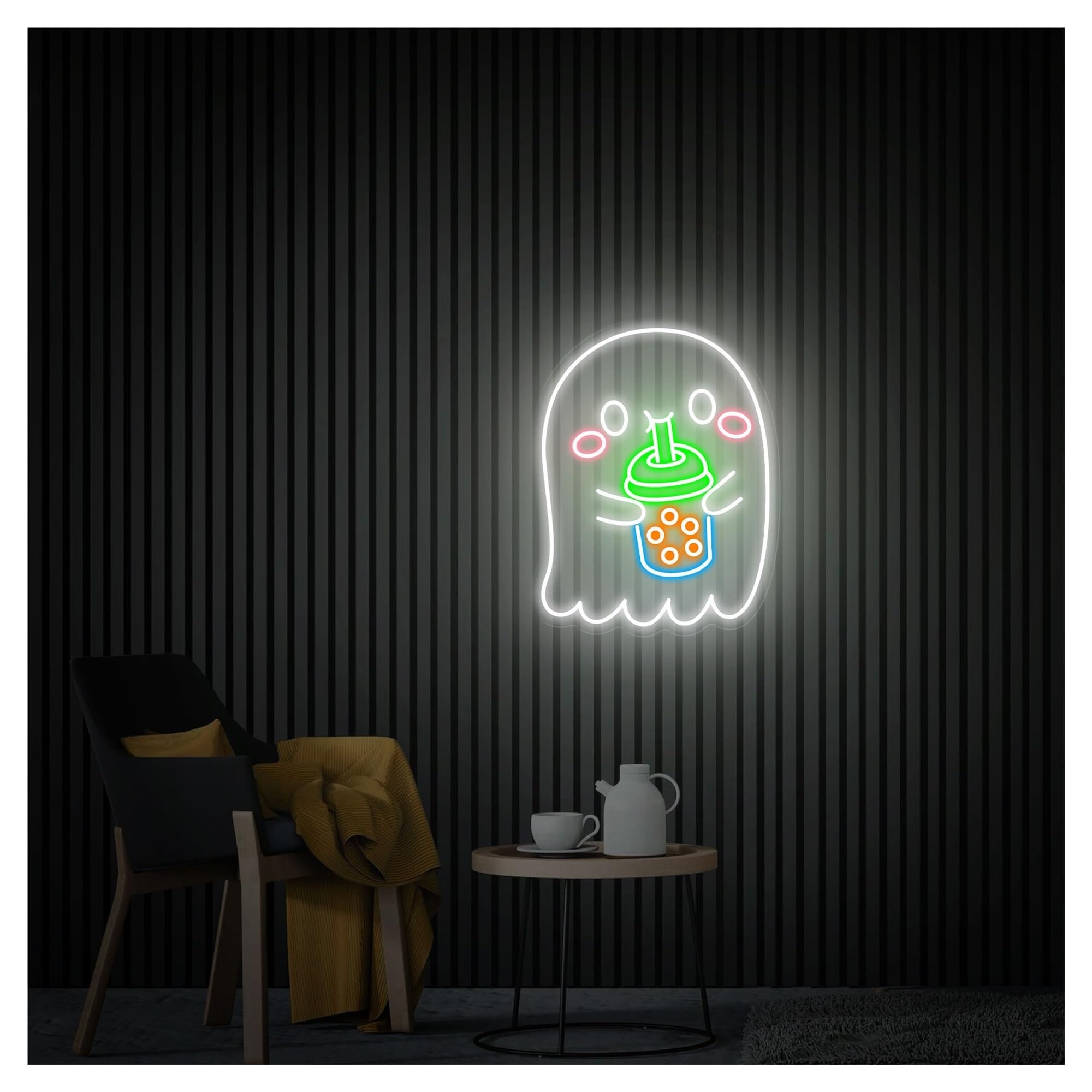 RONGCH Hanging Art Signs Ghost Drinking Bubble Tea Neon Sign,Suitable for Cafe Wall Decor with Dimmable 31cmx40cm(G)