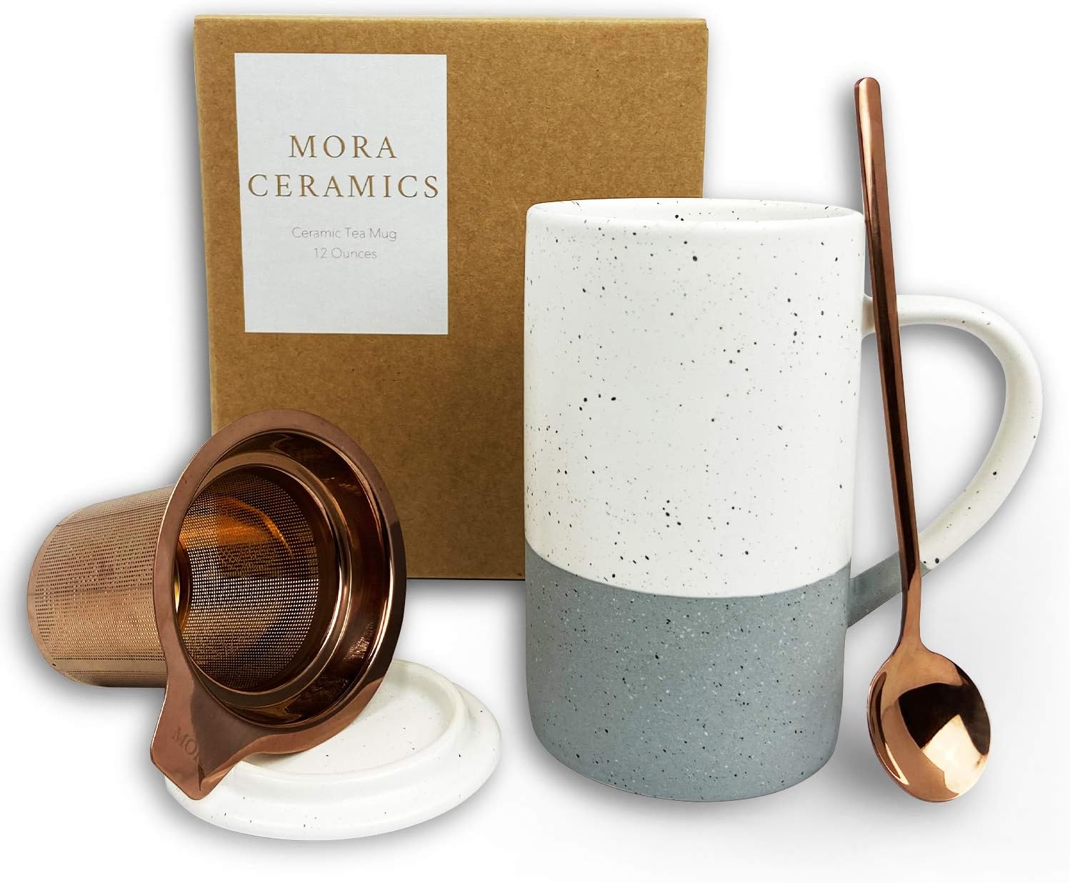 Ceramics Tea Mug with Loose Leaf Infuser, Spoon and Lid, 12 oz, Microwave and Dishwasher Safe Coffee Cup - Rustic Matte Ceramic Glaze, Modern Herbal Tea Strainer - Great Gift for Women, Flint