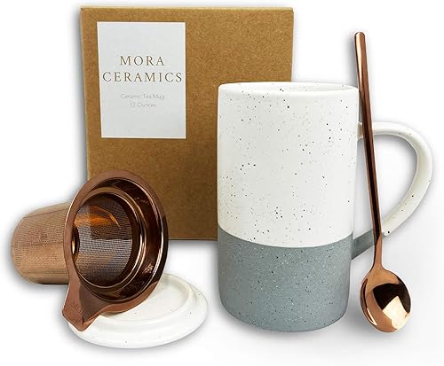 Taza de Té Mora Ceramics con Infusor de Hojas Sueltas, Cuchara y Tapa, 12 oz, Taza de Café Apta para Microondas y Lavavajillas - Esmalte Cerámico
