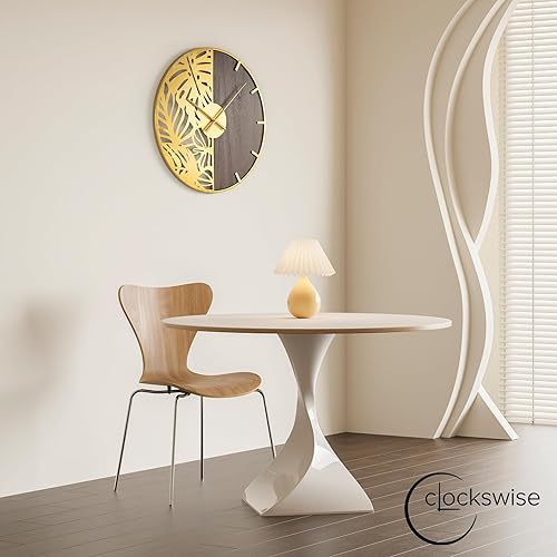 Miniatura 3 de Reloj de pared grande redondo moderno de 23.6 pulgadas, madera marrón decorativa y metal dorado con corte de hojas, reloj de gran tamaño para