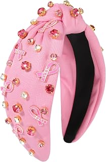 Pink Knotted Headband Sparkly Rhinestone Breast Cancer Awareness Knot Headband Crystal Jeweled Pink Ribbon Fright Beaded Twist Hairband Headpiece Breast Cancer Awareness Hair Accessories Gift for Women Girls (pink ribbon headband E)