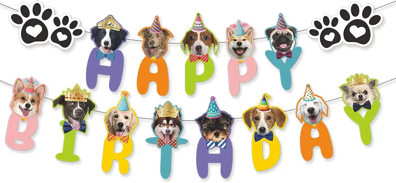 Happy Birthday Dog Birthday Banner,Dog Face Birthday Party Banner Backdrop Decoration, Pet Theme Party Decoration for Golden Doodle Teddy Husky Labrador