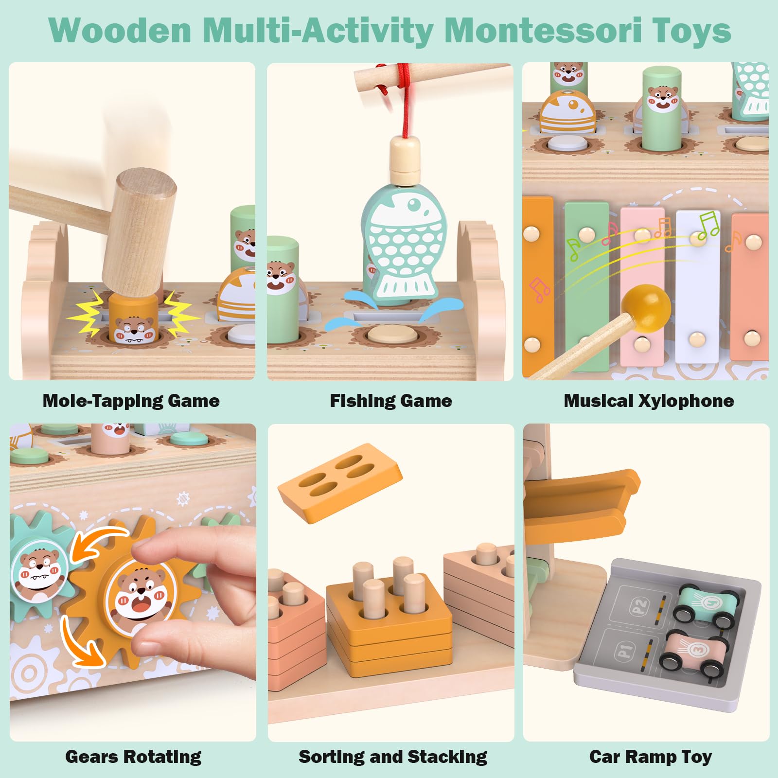 Weilim Giochi Montessori Bambini 1 Anno Legno Cubo Attività Macchinine | Cubo attività 5 lati: xilofono, martello, pesca, ingranaggi, incastri forme e blocchi impilabili. Regalo bimbo 1 anno, EN71
