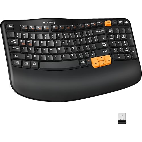 Ergonomic Wireless Keyboard with Wrist Rest, Wave Keys for Comfortable Natural Typing, 2.4GHz Ergo Wireless Computer Keyboard for Windows, Mac OS Laptop/PC/Notebook (Black&Orange)