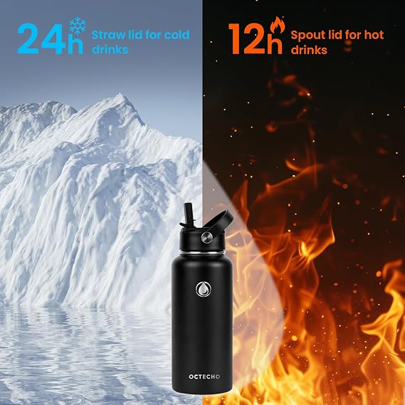 Metal Water Bottle with Straw, 950ml Stainless Steel Water Bottle 2 Leakproof Lids, BPA Free Double Walled Vacuum Insulated Water Bottles Thermal for 12h Hot & 24h Cold,for Man,Woman-Black