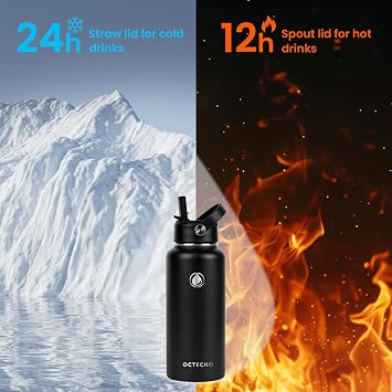 Metal Water Bottle with Straw, 950ml Stainless Steel Water Bottle 2 Leakproof Lids, BPA Free Double Walled Vacuum Insulated Water Bottles Thermal for 12h Hot & 24h Cold,for Man,Woman-Black