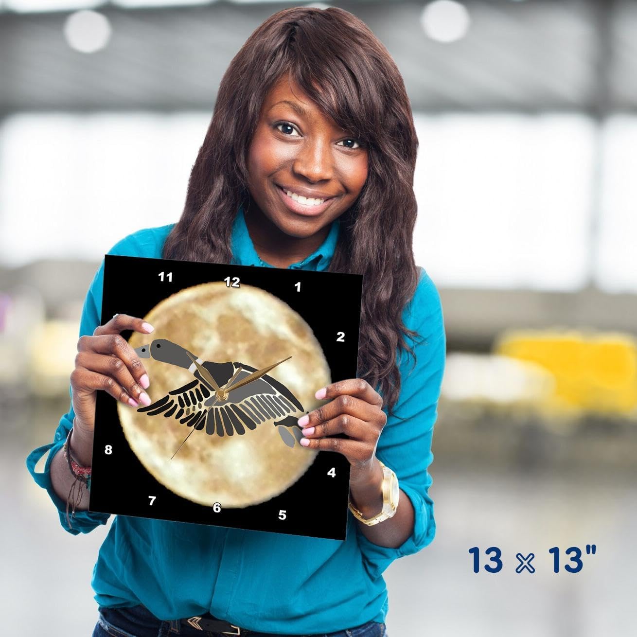 3dRose Wall Clock Silent - 13 inch - Funny Cute Flying Mallard Duck Silhouette and Moon Nature Cartoon - Funny