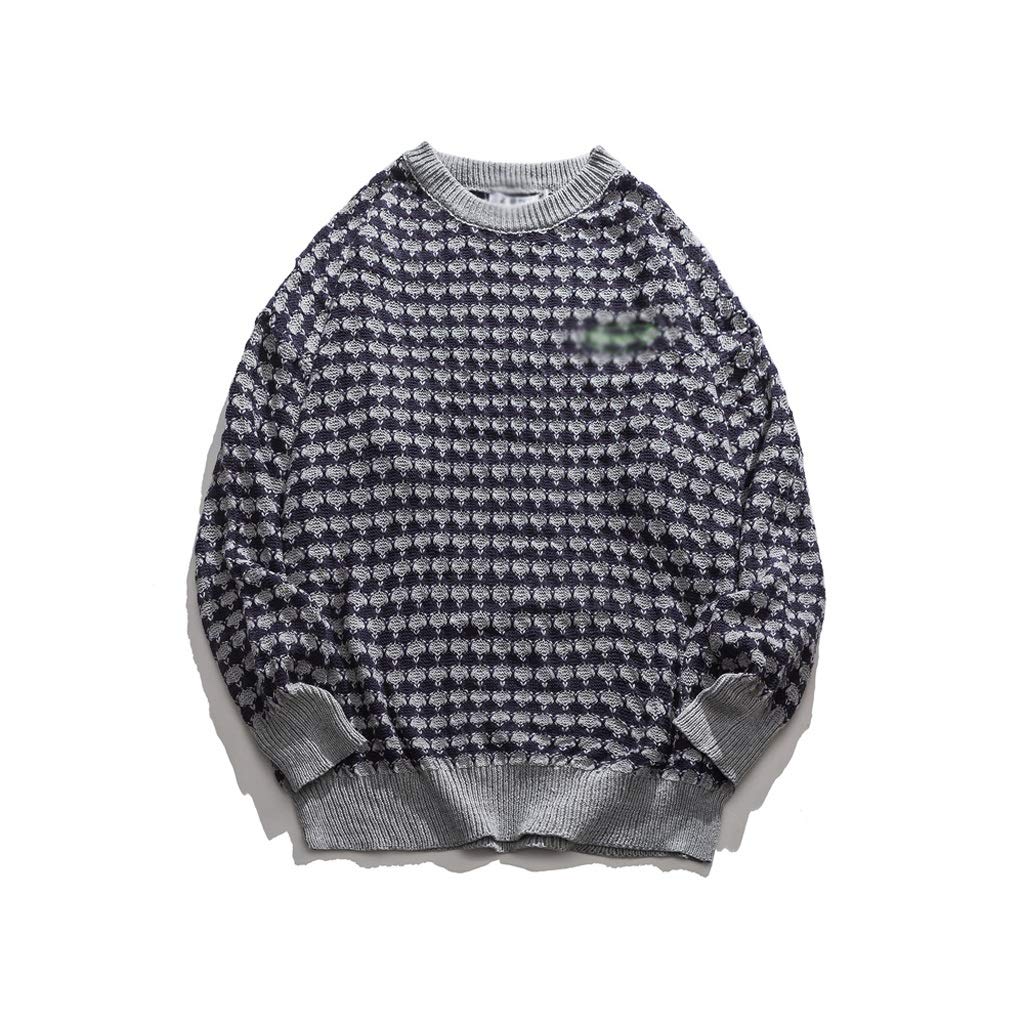 GFDFD Men Sweater Pullover Streetwear Plaid Solid Knitted Sweater Retro Vintage Autumn Sweaters Cotton (Color : Gray, Size : 2XL-length -74CM)