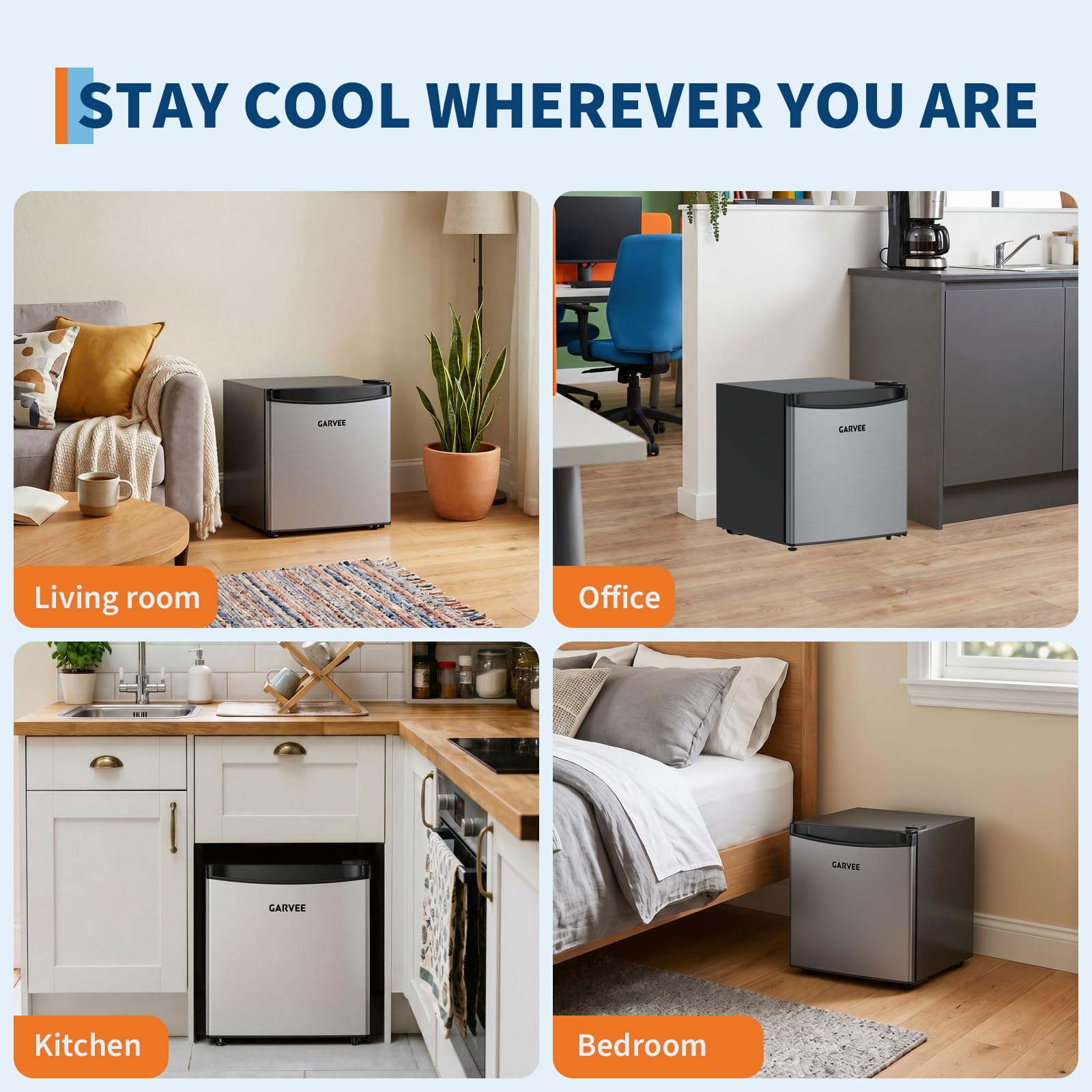 GarveeLife - Refrigerador compacto de 45 L, puerta inox, refrigeración rápida, 5 niveles de temperatura (0-18 ℃), funcionamiento silencioso 41 dB, cajón para verduras, patas ajustables, ideal para
