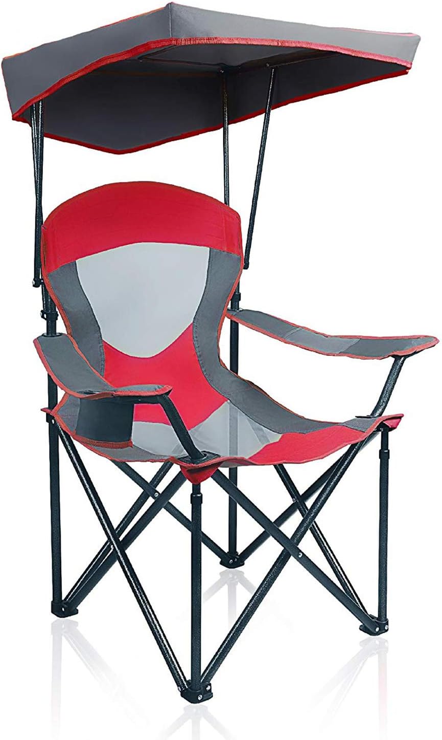 Heavy Duty Canopy Camping Chair, 350 lbs Capacity Oversized Folding Chair with Adjustable Sunshade, Portable Sunshade Chair with Cup Holder for Beach, Fishing, Outdoor, Red