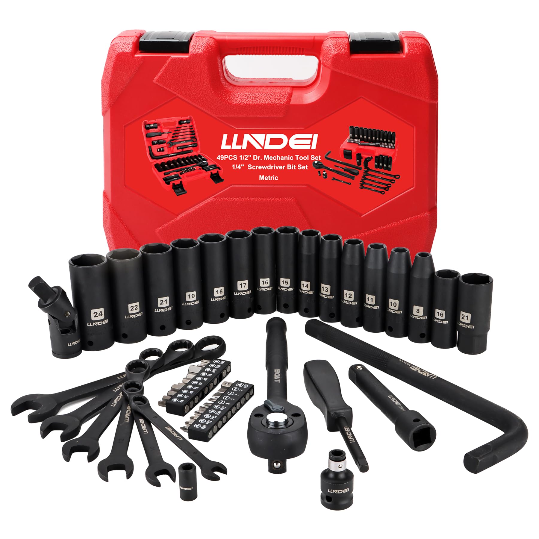 LLNDEI 1/2" Dr. Ratchet Impact Socket Wrench Set,Deep Sockets(8-24mm),Spark Plug Socket(16,21mm),49PCS, CR-V, Metric, With Combination Wrenches (8-17mm)