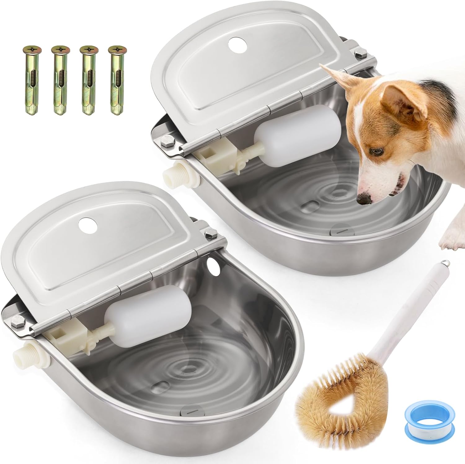 Automatic Animal Drinking Water Bowl with Float Valve Stainless Steel Dog Dispenser Waterer Includes Float Valves, 3/4''Water Hose and Mounting Bolts Livestock Watere (Without Pipe)