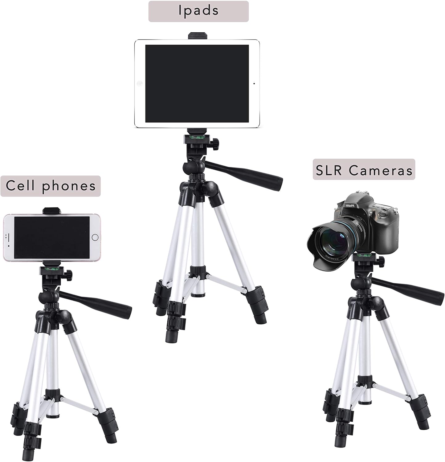 Phone Tripod 25.6 Inch, Lightweight & Portable Aluminum Camera Phone Tripod Stand with Universal Tripod Phone Mount and Carrying Bag for Small Camera and More Smartphones.
