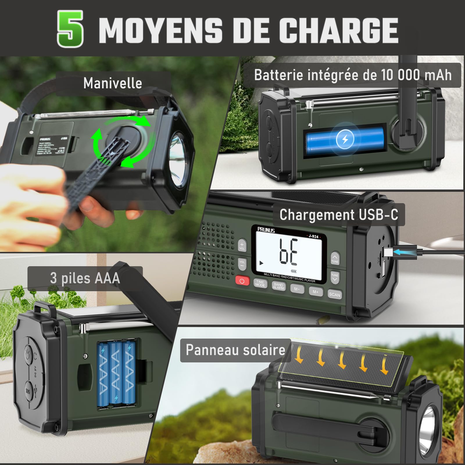 Radio Portable, PRUNUS J-924 Solaire Dynamo 10000mAh, Radio Survie avec Piles et Manivelle, Panneau Solaire, Réveil, Chargeur USB-C, Lampe de Poche et Lecture, Alarme SOS d'urgence