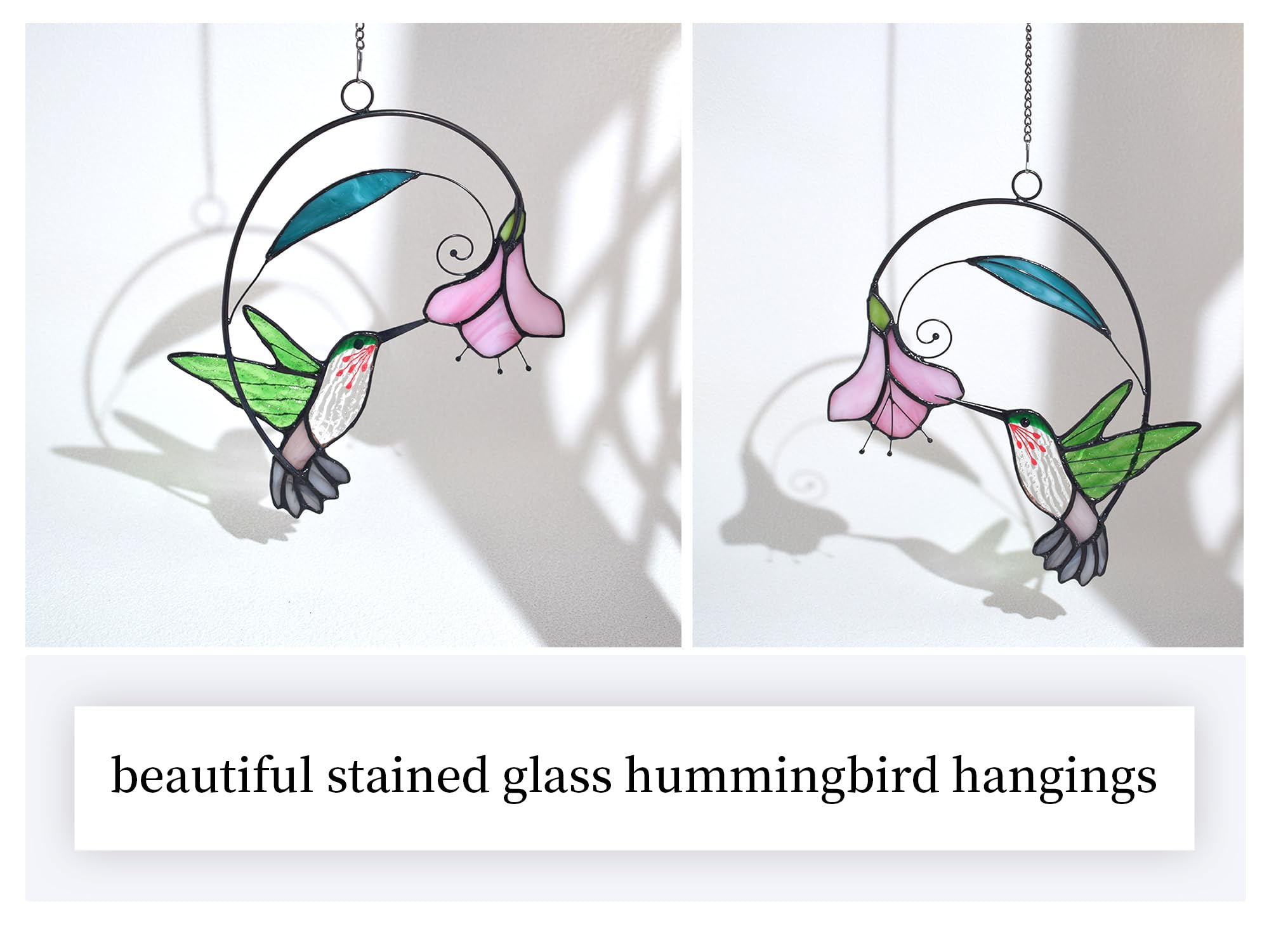 Lolitarcrafts Buntglas-Fensterbehang mit Blumen, Vogel-Sonnenfänger für Fensterdekoration, Kolibri-Geschenke für Mutter, Vogelliebhaber (Grün mit Blume A)