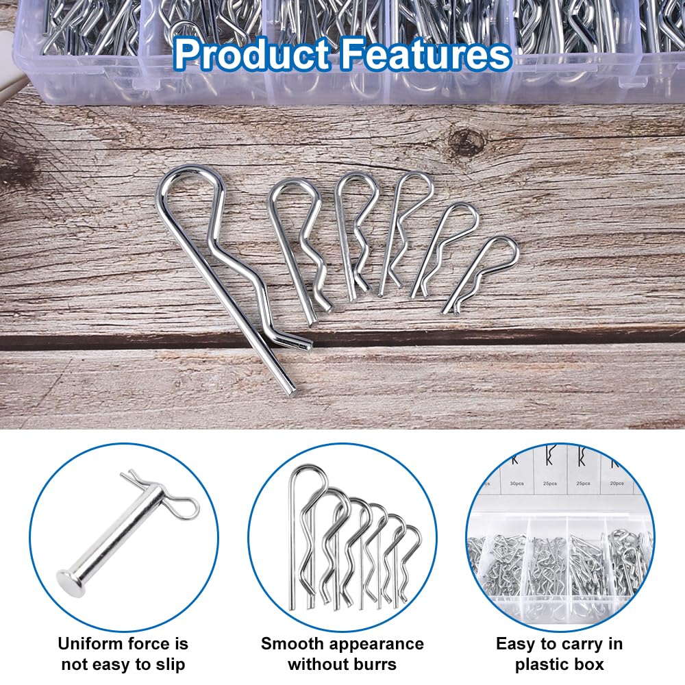 150 Pezzi Coppiglie Elastiche Acciaio per Molle, 6 Coppiglie R Clip Coppiglie a Molla con Scatola di Immagazzinaggio, R Clip Perni di Fissaggio in Acciaio Zincato, per Auto, Meccanica, Garage,Officina