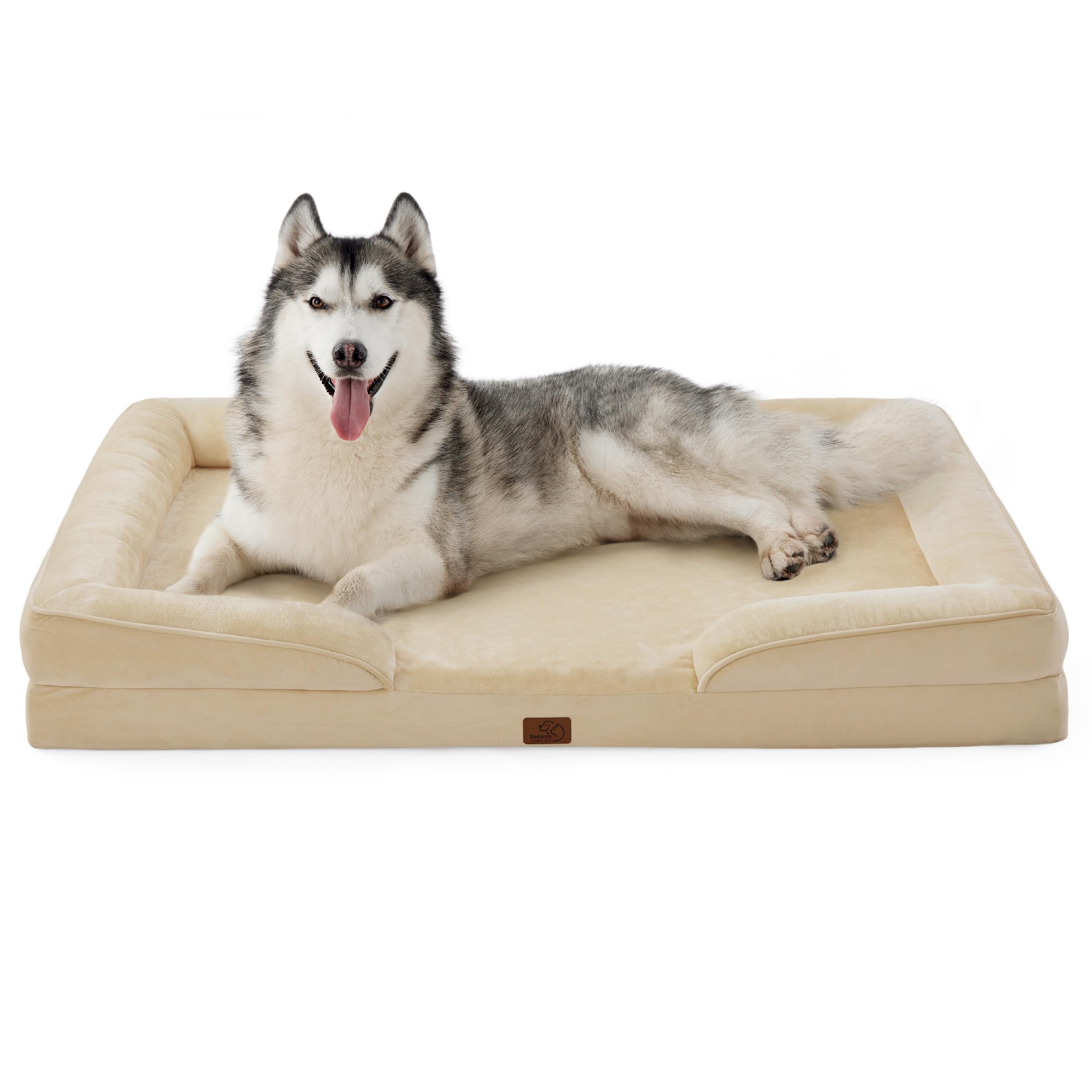 Bedsure, Letto/divano ortopedico per cani, formato grande XXL, con rivestimento in flanella con cerniera sfoderabile, lavabile e impermeabile, per cani adulti, kaki chiaro, 134 x 106 x 20 cm