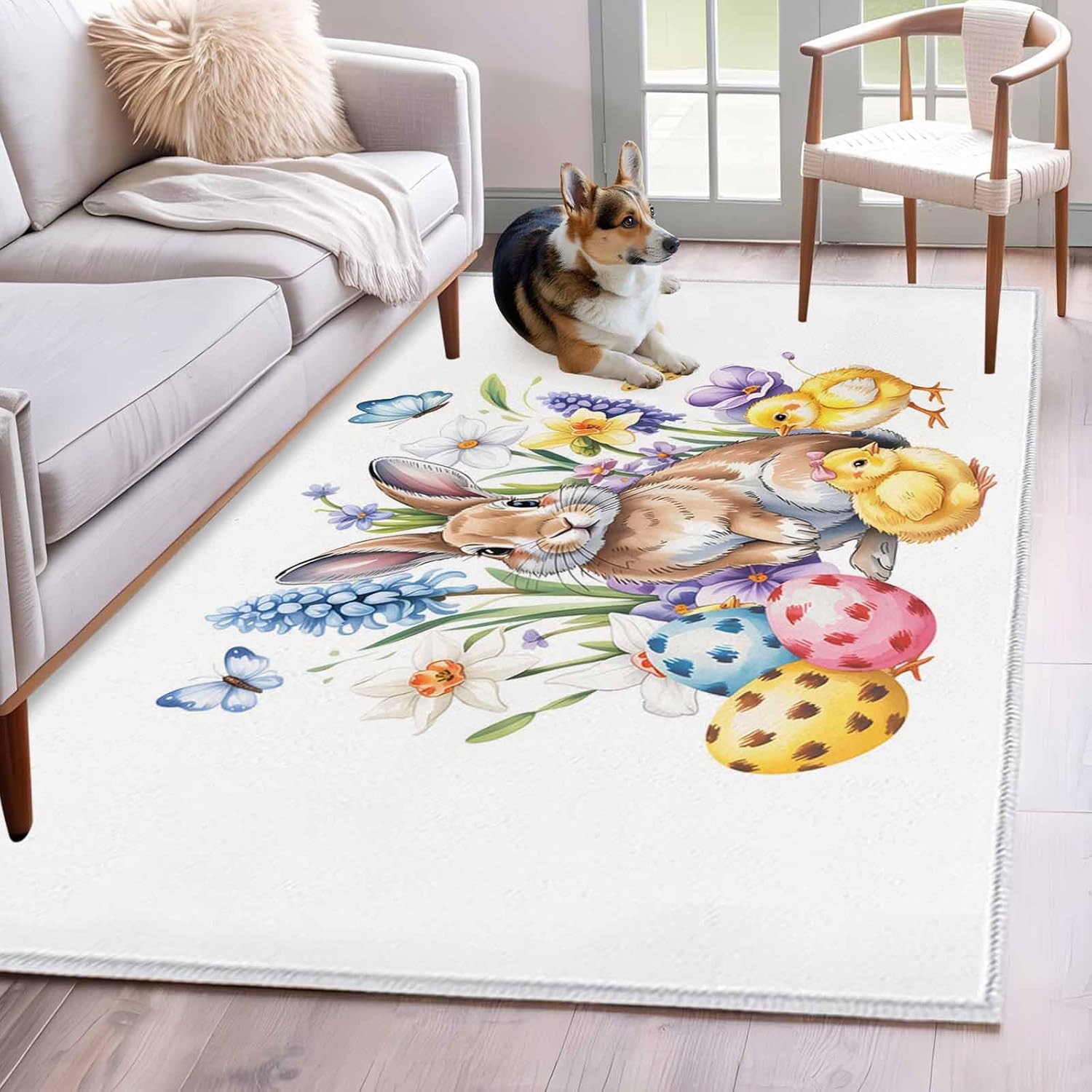 Teamery Rectangle Area Rug 3x5ft, Easter Egg Rabbit Chicken Non-Shedding Washable Area Rug, Farmhouse Animal Spring Flower Non Slip Low-Profile Rugs for Living Room, Bedroom Dining Room