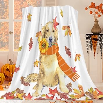 Golden Retriever Throw Blanket Autumn Happy Dog Fall Leaf Blanket Cozy Soft Lightweight Flannel Plush Blankets for Bed Couch Living Room Sofa Chair,50x60 Inch