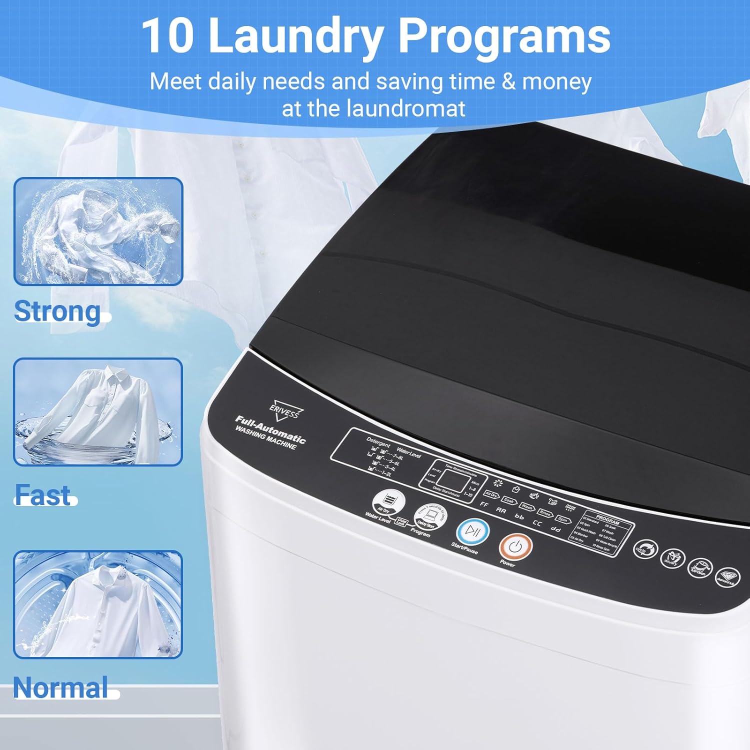 Erivess Compact Washer and Dryer Combo Set, 2.0Cu.Ft Full-Automatic Washing Machine with 10 Washing Programs & 1.6Cu.Ft Compact Dryer with 5 Drying Modes, for Apartment, Bathroom, RV-Camping, White